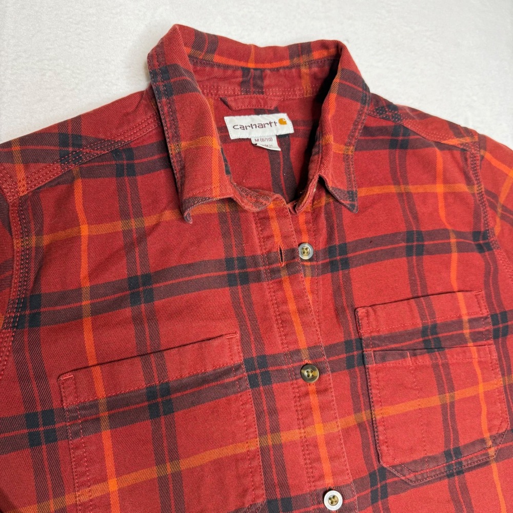 Carhartt Women's Red Plaid Flannel Long Sleeve‎ Button Up Shirt Size Medium